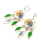 Blue & Orange Floral Vintage Pottery with Green Sea Glass Drops Chandelier Style Earrings