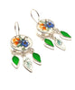 Blue & Orange Floral Vintage Pottery with Green Sea Glass Drops Chandelier Style Earrings