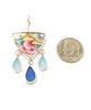 Bold Pink Floral Vintage Pottery with Aqua & Cobalt Sea Glass Drops Chandelier Style Earrings