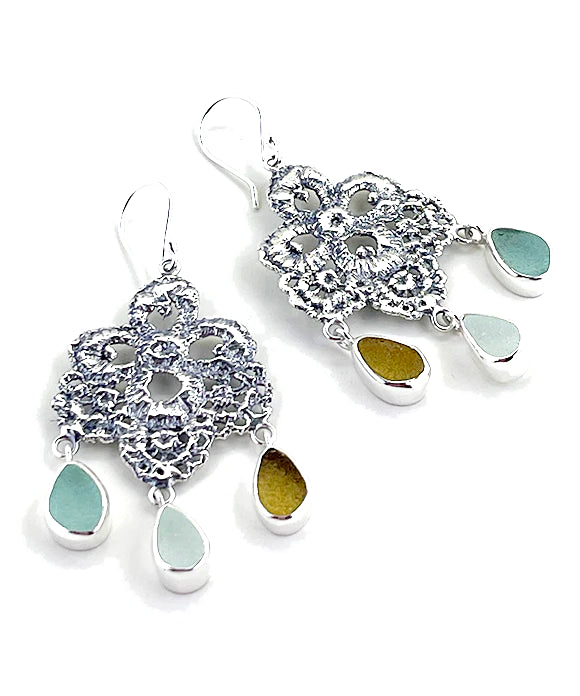 Lace Cast in Sterling Silver with Three Sea Glass Drops