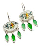 Yellow Floral Vintage Pottery with Green Sea Glass Leaves Chandelier Style Earrings