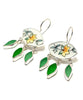 Yellow Floral Vintage Pottery with Green Sea Glass Leaves Chandelier Style Earrings