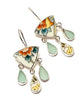 Orange and Yellow Floral Vintage Pottery with Aqua Sea Glass Chandelier Style Earrings