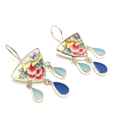 Bold Pink Floral Vintage Pottery with Aqua & Cobalt Sea Glass Drops Chandelier Style Earrings