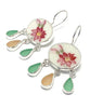 PInk Floral Vintage Pottery with Green & Pink Sea Glass Drops Chandelier Style Earrings