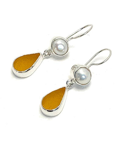 Rich Amber Sea Glass with Pearl Earrings Double Drop Earrings