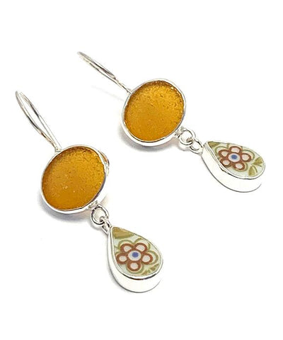 Amber Sea Glass with Rust Flower Vintage Pottery Double Drop Earrings