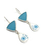 Aqua Blue Stained Glass & Bold Aqua Flowers Vintage Pottery Double Drop Earrings