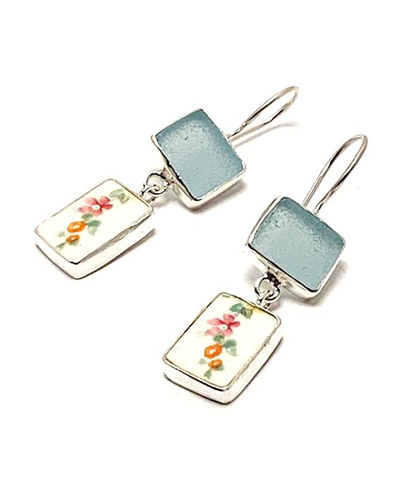 Light Blue Sea Glass and Floral Vintage Pottery Double Drop Earrings