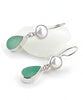 Bright Aqua Green Sea Glass with Pearl Earrings Double Drop Earrings