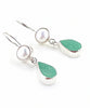 Bright Aqua Green Sea Glass with Pearl Earrings Double Drop Earrings