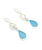 Bright Aqua Blue Sea Glass with Pearl Earrings Double Drop Earrings