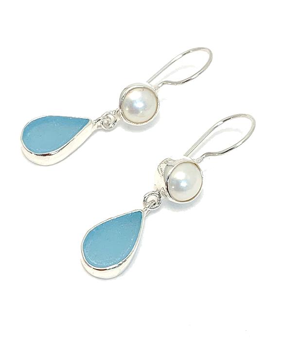 Bright Aqua Blue Sea Glass with Pearl Earrings Double Drop Earrings
