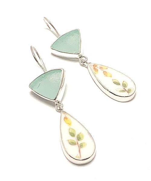 Soft Aqua Sea Glass & Delicate Leaf Vintage Pottery Double Drop Earrings