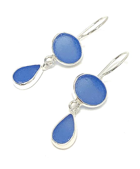 Blue Sea Glass Double Drop Earrings