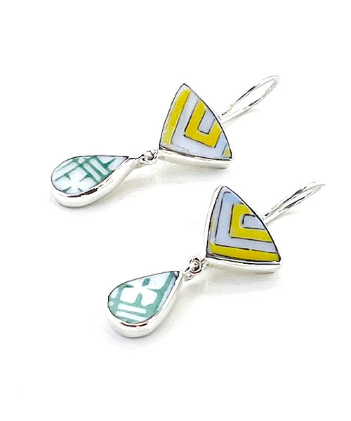 Bold Asian Inspired Vintage Pottery Double Drop Earrings