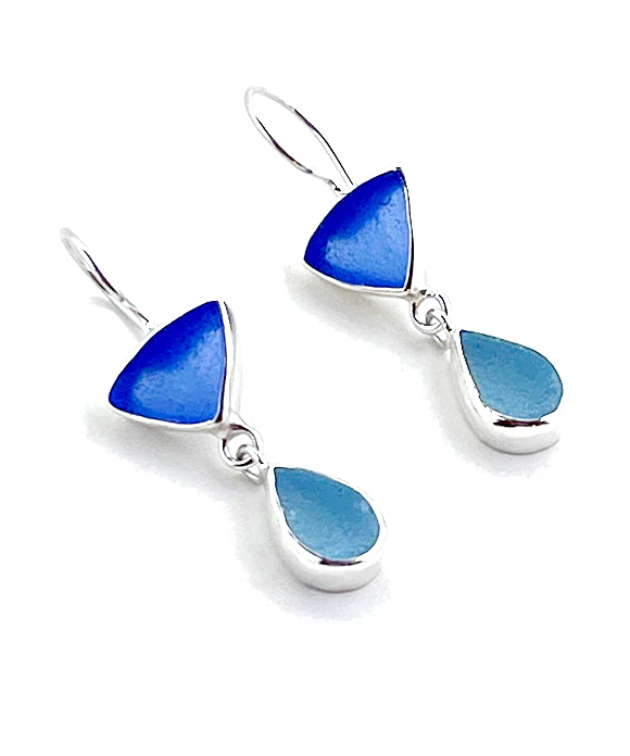 Blue & Aqua Sea Glass Double Drop Earrings