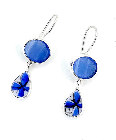 Textured Blue Sea Glass and Blue & White Patterned Vintage Pottery Double Earrings