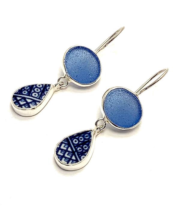 Geometric Blue & White Vintage Pottery with Blue Sea Glass Double Drop Earrings