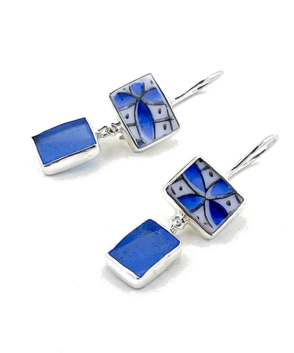 Blue and White Vintage Pottery with Blue Sea Glass Double Drop Earrings