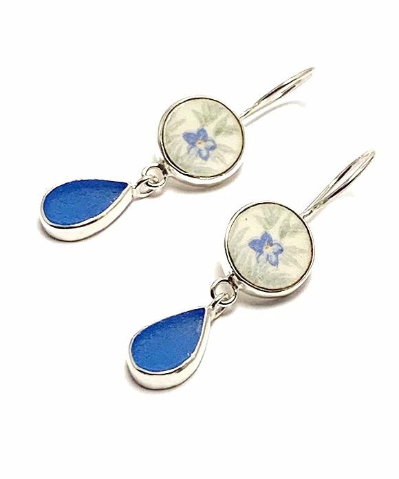 Dainty Blue Flowers & Blue Sea Glass Double Drop Earrings