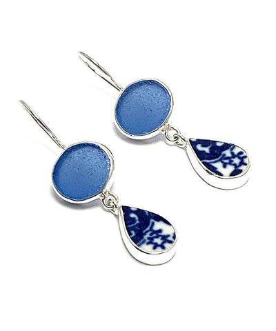 Blue Sea Glass with Blue & White Vintage Pottery Double Drop Earrings