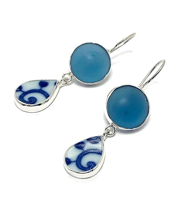 Blue & White Vintage Pottery with Teal Blue Sea Glass Marble Double Drop Earrings
