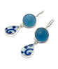 Blue & White Vintage Pottery with Teal Blue Sea Glass Marble Double Drop Earrings