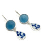 Blue & White Vintage Pottery with Teal Blue Sea Glass Marble Double Drop Earrings