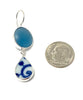 Blue & White Vintage Pottery with Teal Blue Sea Glass Marble Double Drop Earrings