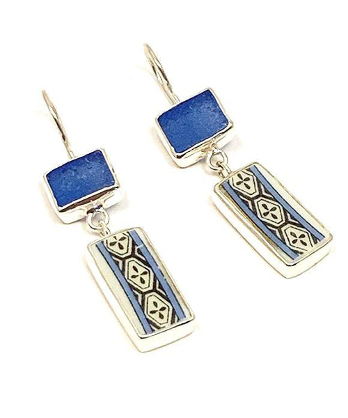 Blue Sea Glass With Blue Plate Edge Pattern Double Drop Rectangle Earrings