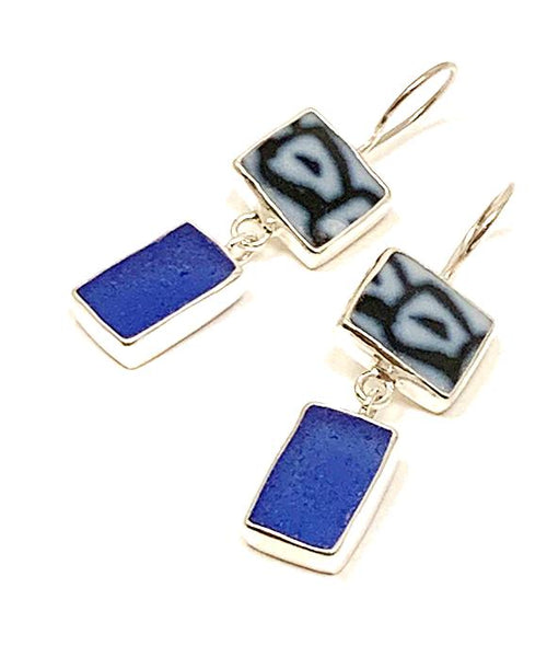 Bold Blue & White Vintage Pottery & Blue Sea Glass Double Drop Rectangle Earrings