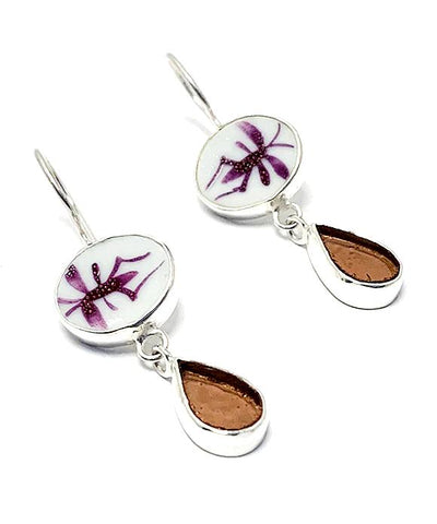 Purple Bug Vintage Pottery with Plum Stained Glass Double Drop Earrings