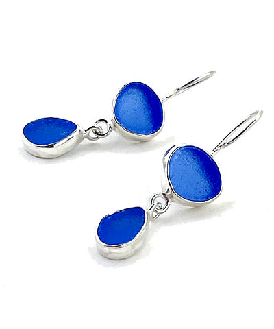 Cobalt & Blue Sea Glass Double Drop Earrings