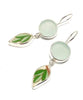 Soft Green Sea Glass & Bold Vintage Pottery Leaves Double Drop Earrings