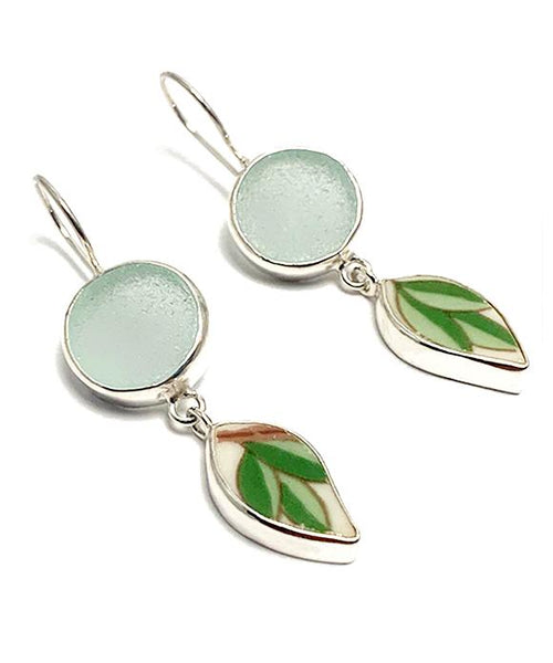 Soft Green Sea Glass & Bold Vintage Pottery Leaves Double Drop Earrings