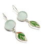 Soft Green Sea Glass & Bold Vintage Pottery Leaves Double Drop Earrings