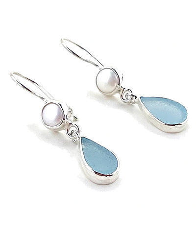 Light Aqua Blue Sea Glass with Pearl Earrings Double Drop Earrings