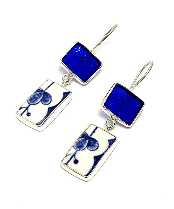 Blue Stained Glass & Blue and White Vintage Pottery Rectangle Double Drop Earrings