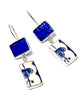 Blue Stained Glass & Blue and White Vintage Pottery Rectangle Double Drop Earrings