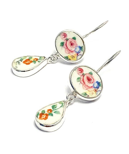 Colorful Pink Flowers Vintage Pottery Double Drop Earrings