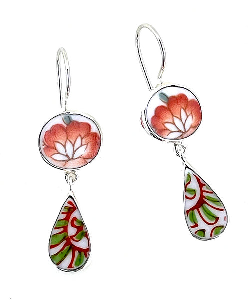 Bold Orange Flower & Imari Vintage Pottery Double Drop Earrings