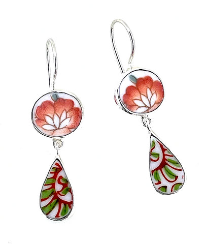 Bold Orange Flower & Imari Vintage Pottery Double Drop Earrings