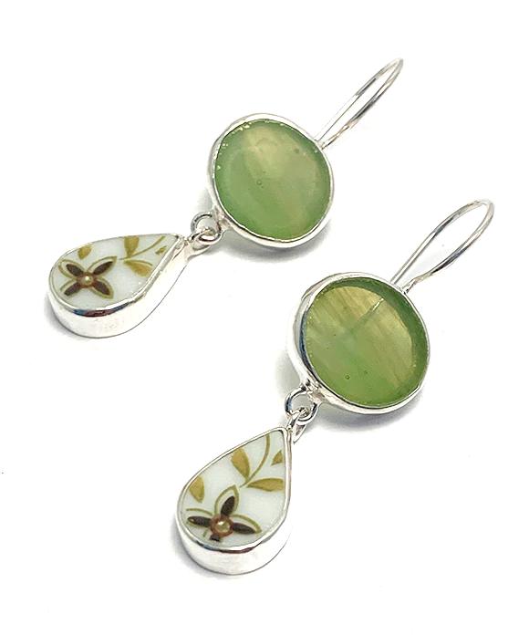 Light Olive Green Stained Glass & Bold Flowers Vintage Pottery Double Drop Earrings