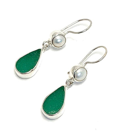 Forest Green Sea Glass with Pearl Earrings Double Drop Earrings