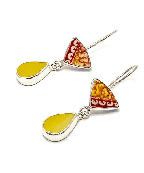 Red, Yellow & White Floral Vintage Pottery with Yellow Stained Glass Double Drop Earrings