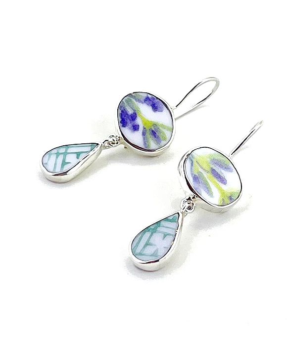 Purple Flower And Green Patterned Vintage Pottery Double Drop Earrings