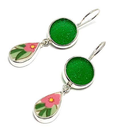 Emerald Green Sea Glass with Bright Floral Vintage Pottery Double Drop Earrings