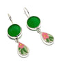 Emerald Green Sea Glass with Bright Floral Vintage Pottery Double Drop Earrings