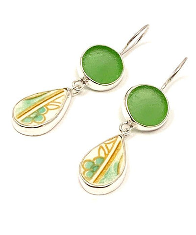 Green Sea Glass with Yellow and Green Flower Vintage Pottery Double Drop Earrings